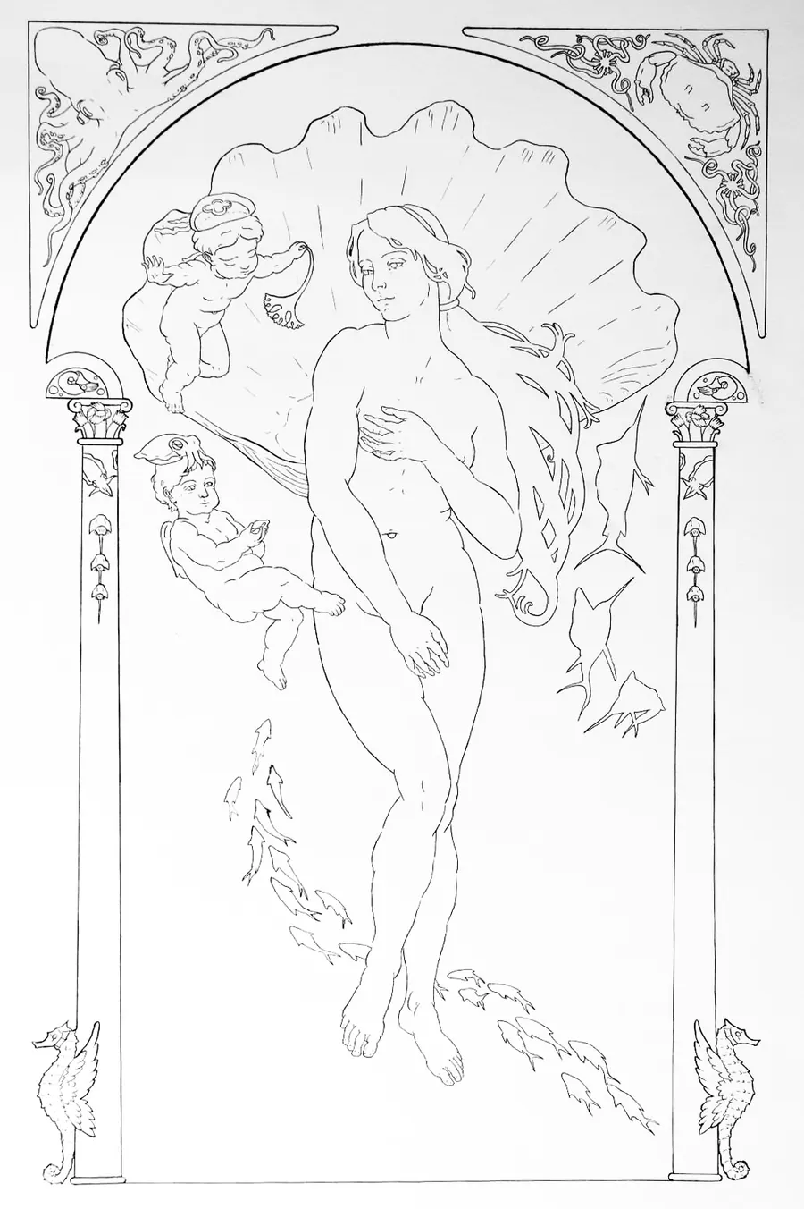Uncoloured dip pen linework for the Venus panel: the standing figure, cherub, and ornamental arch drawn in pure outline.