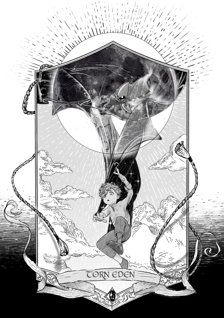 Black and white ornamental plate of a figure suspended beneath a dark billowing shroud, framed by an arched border with rays radiating behind a full moon.