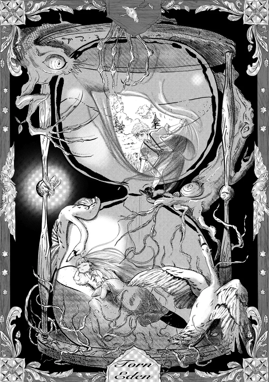 Black and white illustrated panel with a figure enclosed in a circular orb above, and a reclining figure with a swan below, inside a heavy decorative frame.