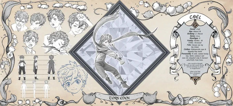 Character design sheet on tan ground: head and expression studies at left, a figure framed in a blue diamond at center, and a lettered description panel at right.