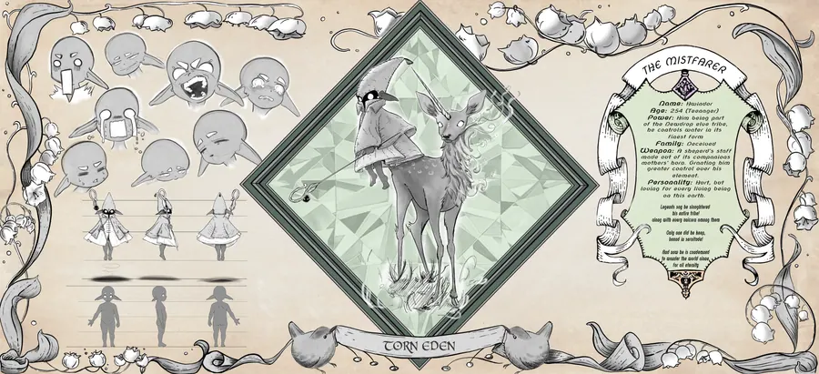 Character design sheet on tan ground with skull and head studies at left, a slender antlered creature framed in a green diamond at center, and a description panel at right.
