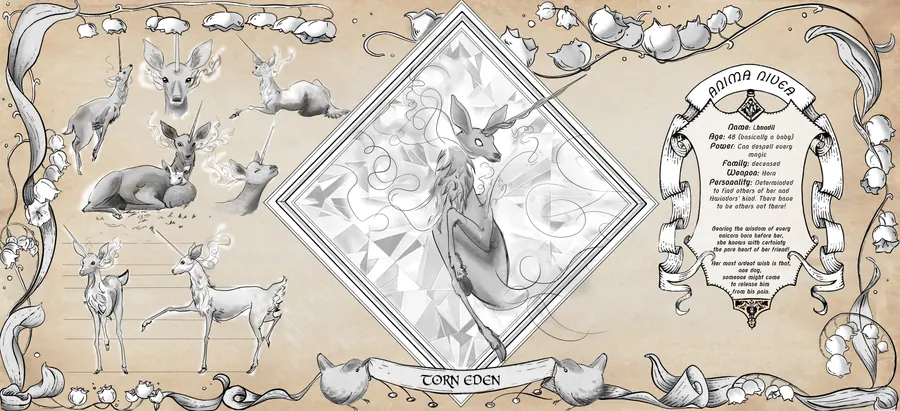 Character design sheet on tan ground with deer studies at left, a pale antlered figure framed in a diamond at center, and an ornamented description panel at right.