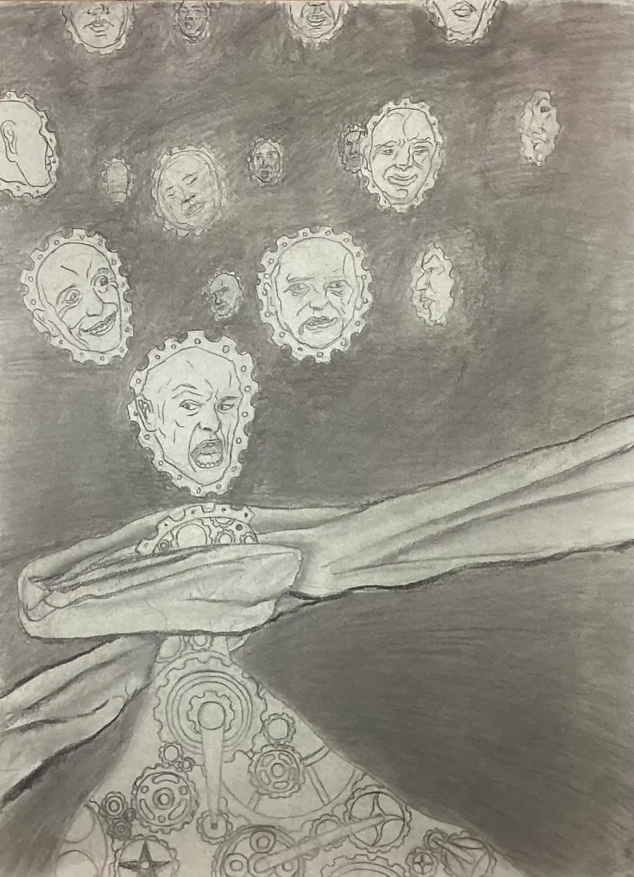 Charcoal drawing of an outstretched arm over a clockwork mechanism, with disembodied faces floating in the dark air above.