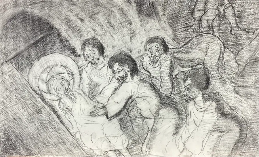 Charcoal drawing of a group of figures pressed close together in a curved tunnel, some resting, some watching the entrance.