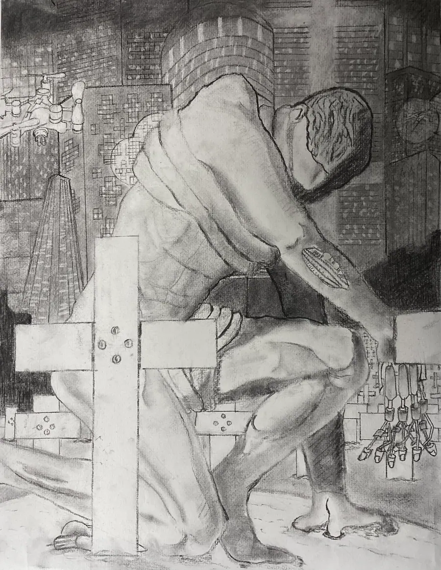 Charcoal drawing of a muscular figure bent low over a cross-shaped timber frame, set against a dense industrial background.