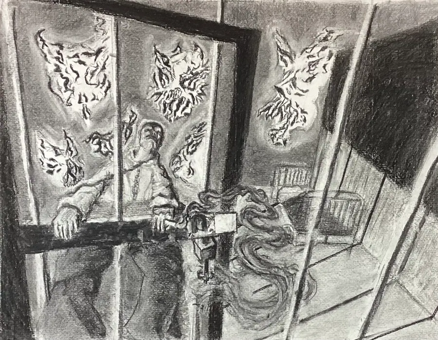 Charcoal drawing of a figure leaning through a window frame with birds scattering outward, coils of rope gathered below.