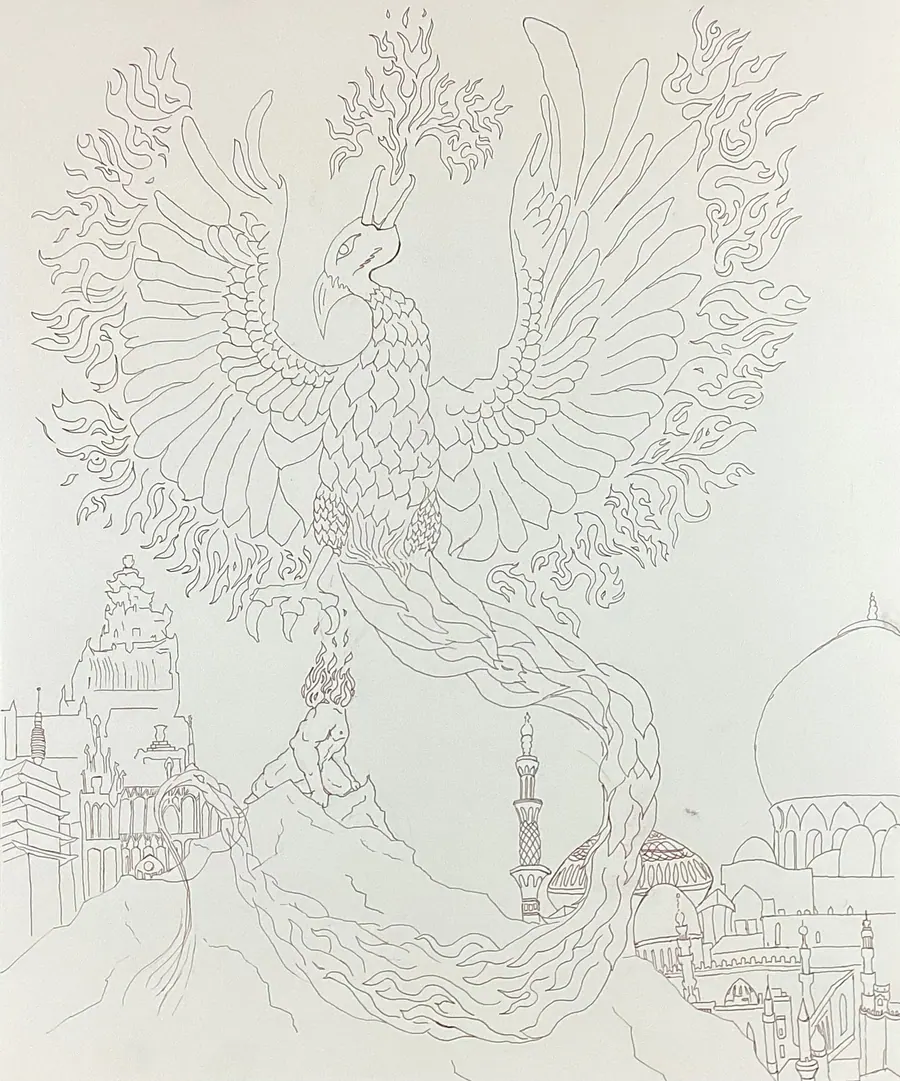 Fine line drawing of a phoenix with outspread wings rising above a domed city skyline, its tail feathers trailing into the buildings.